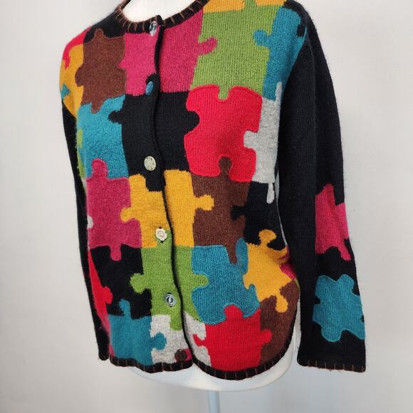 Vintage Susan Bristol Puzzle Knit Cardigan Size M Embroidery Silk Angora Autism - Picture 4 of 15